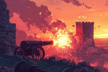 Cartoons of Cannon firing at an ancient fortress wall, explosion, sunset backlight - obrazy, fototapety, plakaty