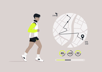 A Jog Progress, Tracking Distance and Performance Metrics, A runner is shown mid-stride with a graphical overlay of their route and fitness statistics