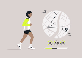 A Jog Progress, Tracking Distance and Performance Metrics, A runner is shown mid-stride with a graphical overlay of their route and fitness statistics