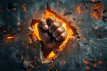 Hand with a muscular fist breaking through the wall, flames and sparks flying from the impact