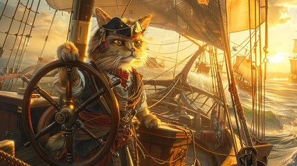 Pirate cat at the helm of a ship, sailing into the sunrise, golden light, wide angle , high resolution