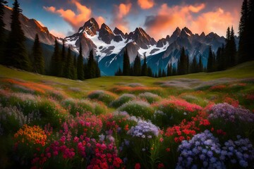 A tranquil alpine meadow adorned with colorful blooms, embraced by towering peaks in the background.