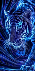 Linework Illustration Blue Neon Tiger with Streamlines moving fast Datastreams created with Generative AI Technology