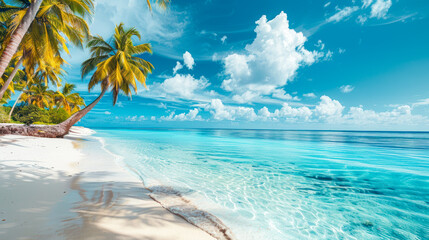 beautiful sandy beach and sea with turquoise water, clear blue sky and palms background. amazing...