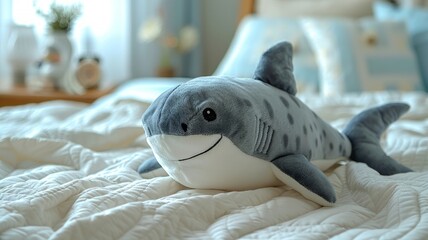 Cute shark plush toy on a bedspread creating a delightful bedroom atmosphere - obrazy, fototapety, plakaty
