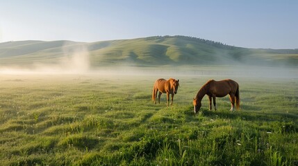Obraz premium In the morning on the grassland grazing horses, with light dust, scenery