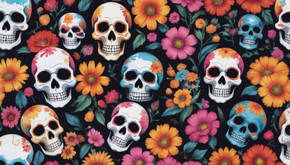 Photo Of Colorful Painted Skulls And Flowers Pattern