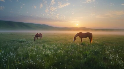 In the morning on the grassland grazing horses, with light dust, scenery