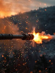 Minimalism of Tank cannon firing at a fortified wall, breakthrough, dusk, action closeup