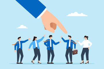 Businessman hand points at chosen candidate, illustrating selecting right person for job position. Concept of human resources recruitment, hiring new employees, and career opportunities