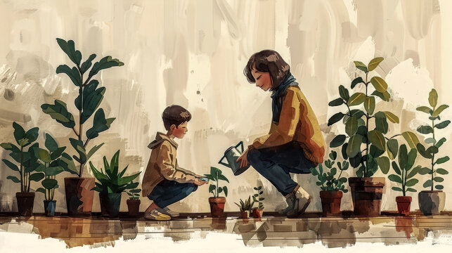 mother and son tend plants