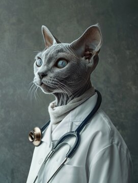 Photomanipulation of Cat in white coat, stethoscope around neck, clinic background, eyelevel