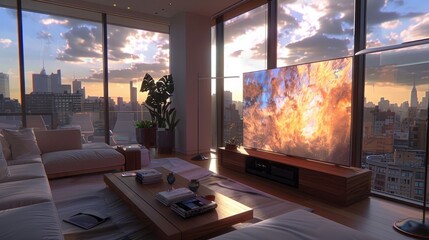 A foldable, transparent OLED television that blends into the living room when not in use