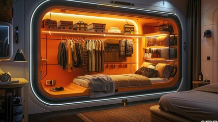 A futuristic, motorized closet that organizes and presents clothing options based on schedule and weather - obrazy, fototapety, plakaty