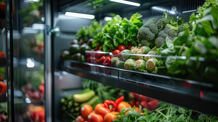 A high-tech, touchscreen refrigerator filled with fresh produce