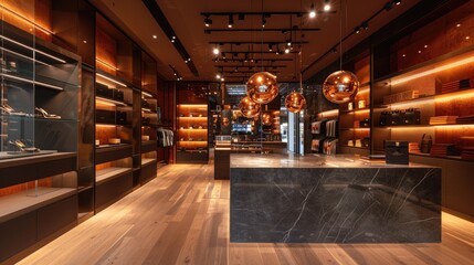 A high-end retail store with neon copper lighting and elegant shelving
