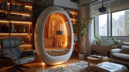 A high-tech, soundproof pod for quiet reading or working from home in a bustling urban apartment - obrazy, fototapety, plakaty