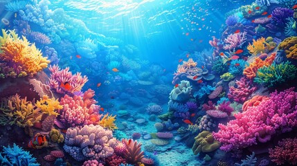 Naklejka na ściany i meble Vector Art of Underwater coral city, vibrant colors, wideangle, natural sunlight filter