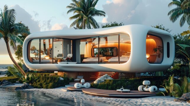 A futuristic bungalow with a personal robot butler and high-tech amenities