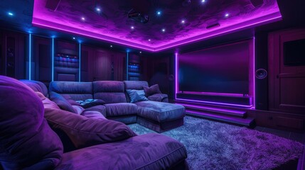 A sleek home theater with neon violet glow and state-of-the-art sound system