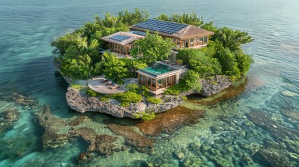 A self-sustaining island retreat with clean energy and water purification systems - obrazy, fototapety, plakaty