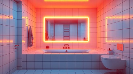 A sleek, modern bathroom featuring a neon orange-lit mirror and white tiles