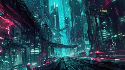 Close-up street view of a futuristic city cyberpunk.