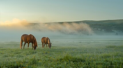 Fototapeta na wymiar In the morning on the grassland grazing horses, with light dust, scenery