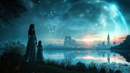 A graceful lady and a little girl stand with a giant planet in space and futuristic city with modern skyscraper buildings.