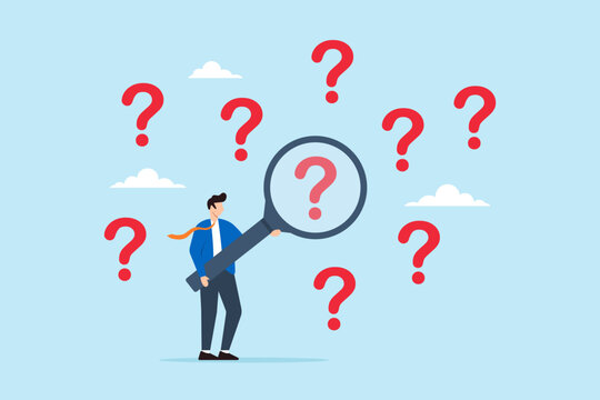 Businessman holds magnifying glass to analyze question marks, illustrating problem analysis. Concept of investigating root cause or incident, identifying threat or uncertainty, and finding solutions
