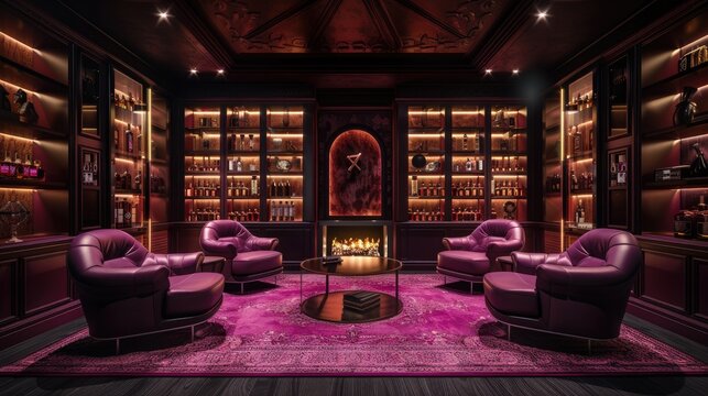 A sophisticated cigar lounge with rich neon burgundy lighting and leather chairs