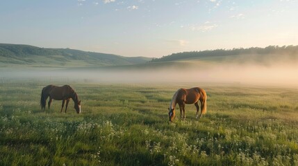 In the morning on the grassland grazing horses, with light dust, scenery