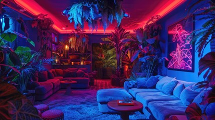 Adventure-filled jungle room with neon vines and exotic animals