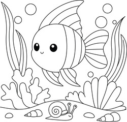 Cute Kawaii Sea Fish Cartoon Character Coloring Page Vector Illustration
