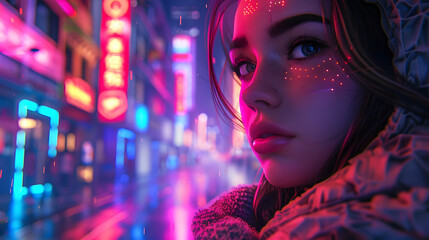 Engaging digital art portrait of a woman with dazzling neon city lights in the backdrop - obrazy, fototapety, plakaty