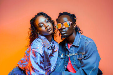 Fashionable young couple in stylish denim and sunglasses posing together against a vibrant orange background.
