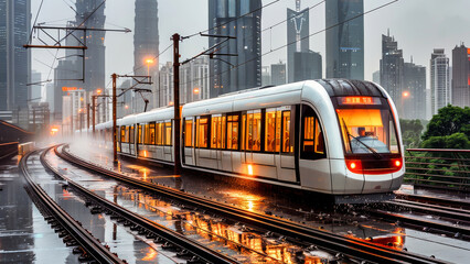 A modern tram gliding through a rainy cityscape with dazzling reflections on wet surfaces and skyscrapers in the background. - obrazy, fototapety, plakaty
