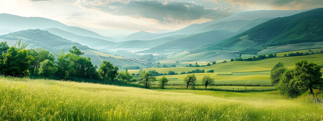 A beautiful, lush green field with a mountain in the background