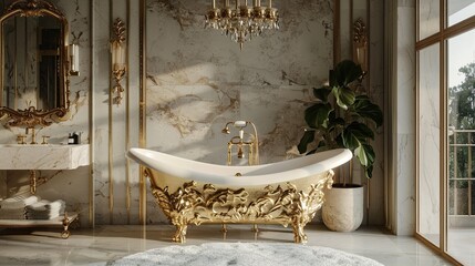 Decadent bathroom with gold fixtures and a freestanding marble tub - obrazy, fototapety, plakaty