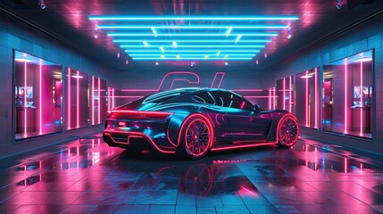 Electric vehicle showroom with neon outlines and innovative designs - obrazy, fototapety, plakaty