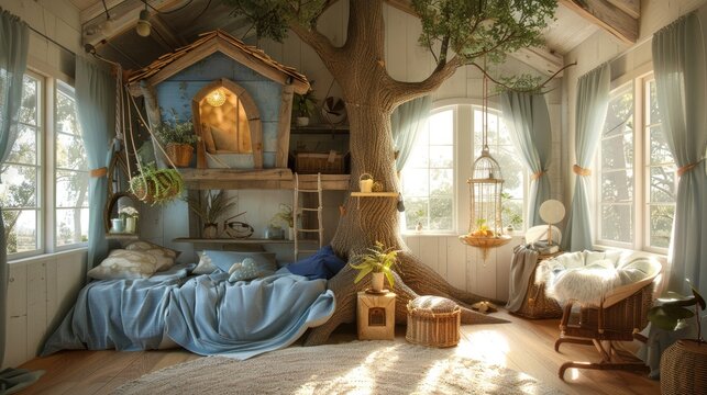 Child's fantasy bedroom with treehouse bed and whimsical decorations