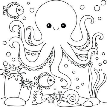 Cute Kawaii Octopus Cartoon Character Coloring Page Vector Illustration