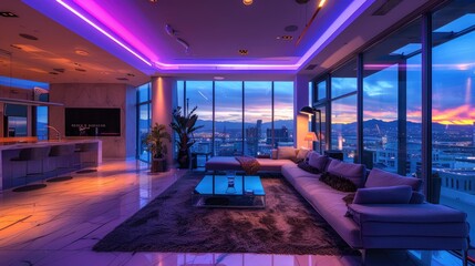 Luxurious penthouse with skyline views and neon accent lighting - obrazy, fototapety, plakaty