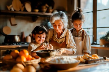 A heartwarming image of a grandmother baking with her grandchildren in a sunlit kitchen, filled with love and family warmth.