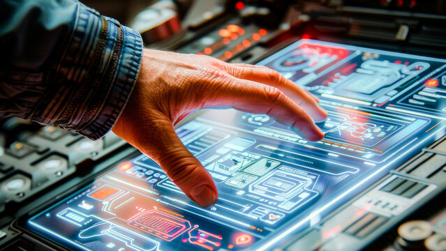 Close-up of a hand interacting with futuristic touchscreen interface, depicting advanced technology and innovation.
