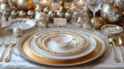 Sophisticated gold table setting for a lavish dinner party