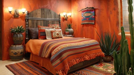 Southwestern themed bedroom with terracotta colors and cactus plants