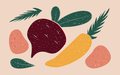 Risograph illustration, vegetables poster, beet, potato, carrot