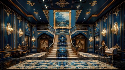 Obraz premium Sumptuous gold and blue entryway with an ornate rug and wall art