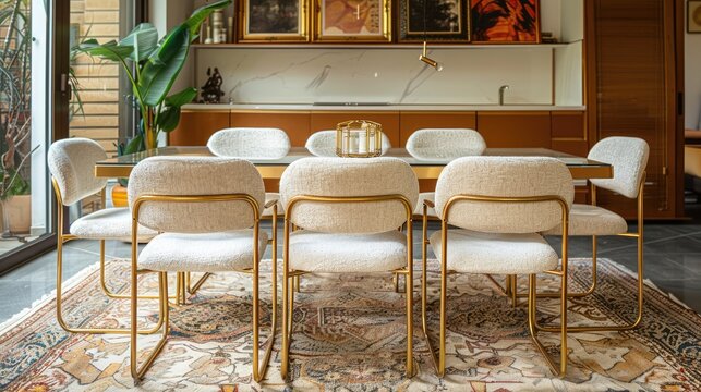 Stylish gold-legged chairs in a modern dining room